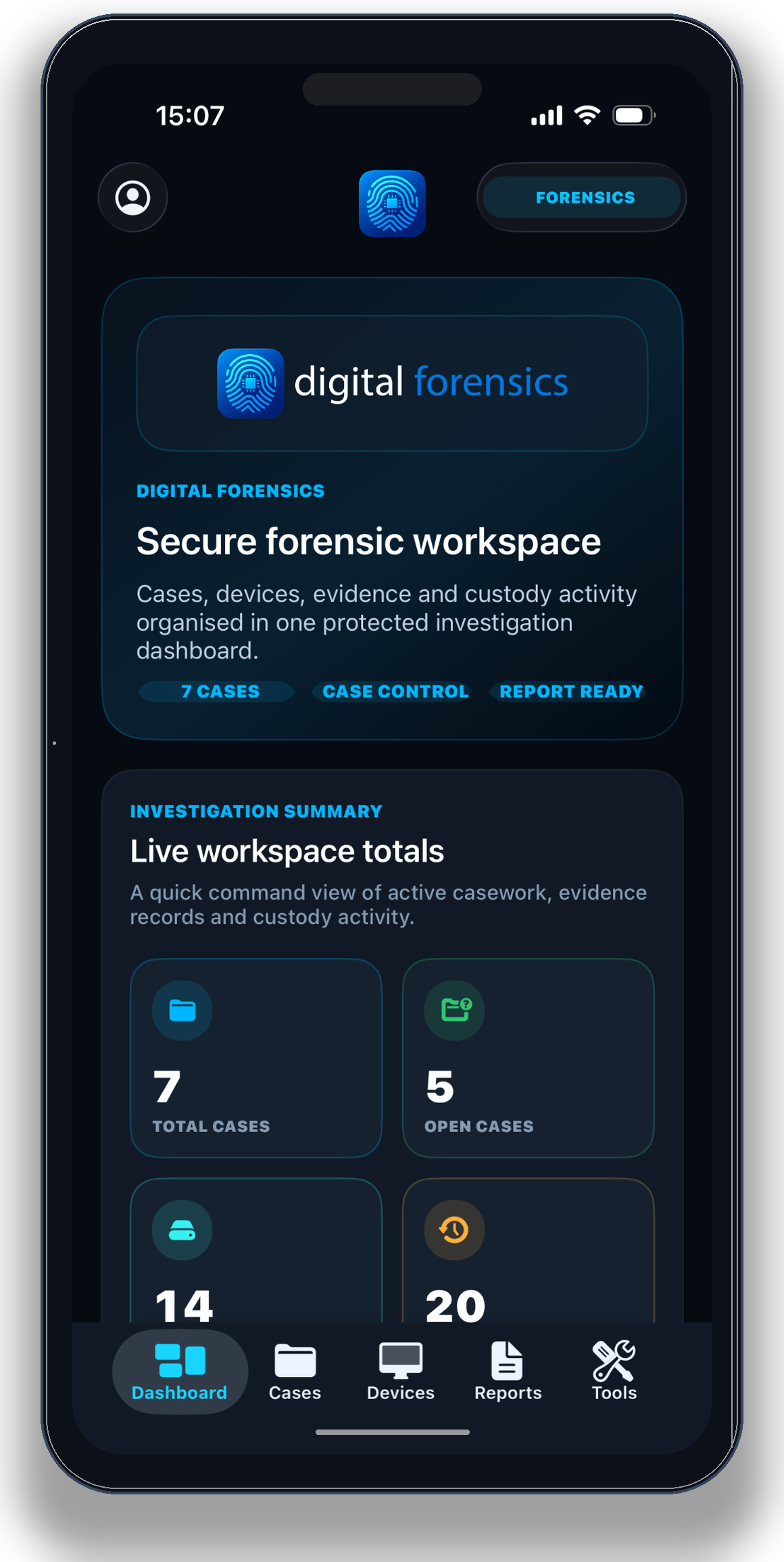 Digital Forensics app on iPhone showing the secure forensic workspace dashboard