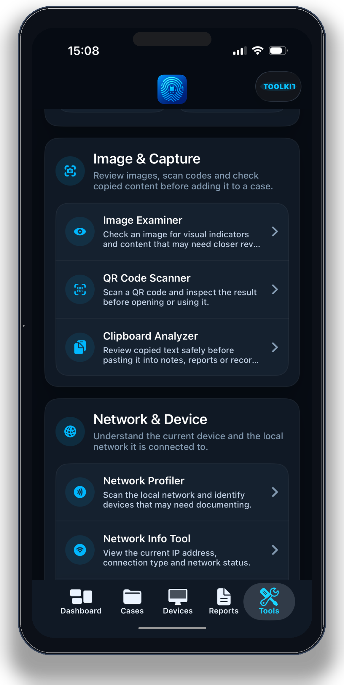 Digital Forensics app on iPhone showing built-in forensic tools