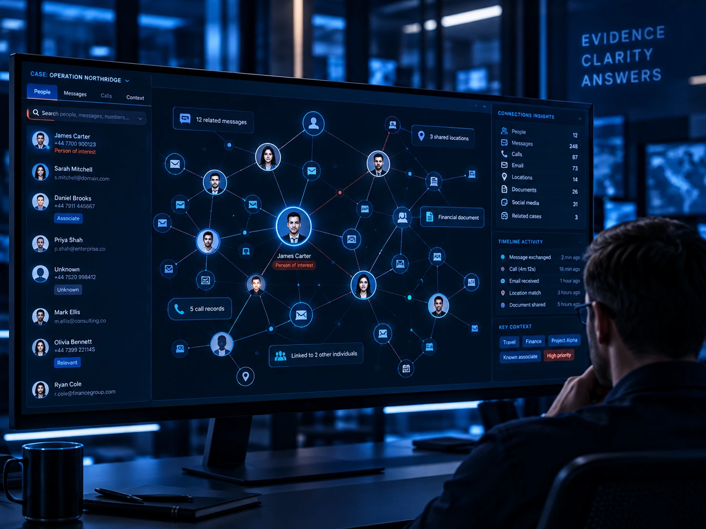 Analyst reviewing communication relationships and connections