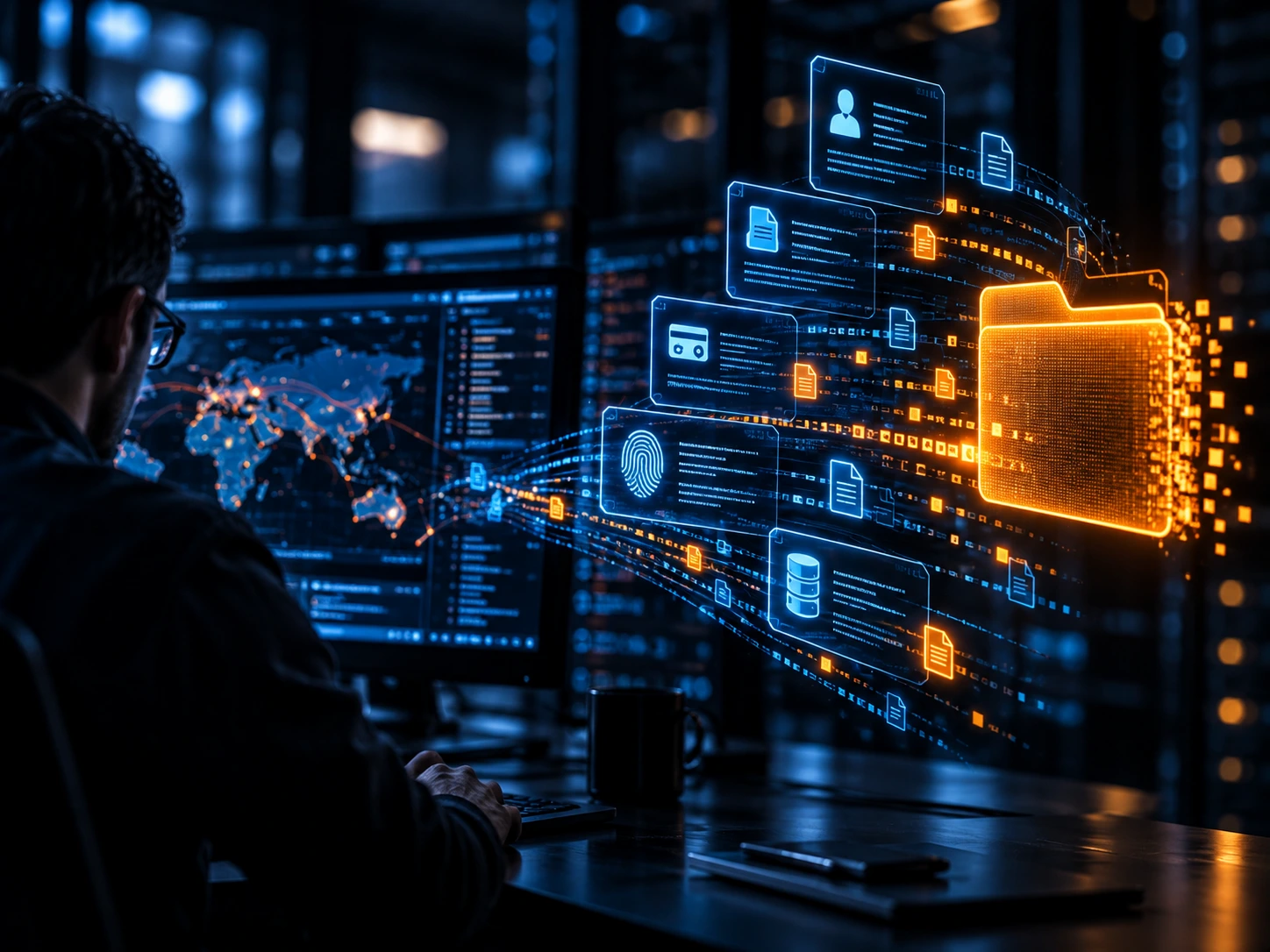 Digital data moving toward a glowing folder symbolising a data breach