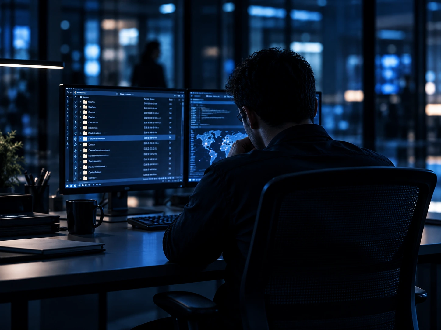 A person working late at a cyber security workstation representing insider threat review