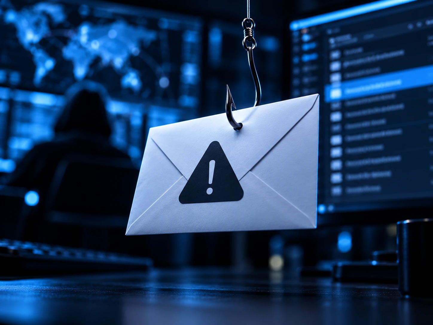 Phishing hook and email envelope suspended in a cyber security environment