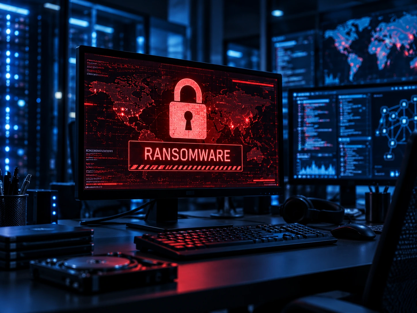 Ransomware alert displayed on a monitor in a blue-lit cyber security room