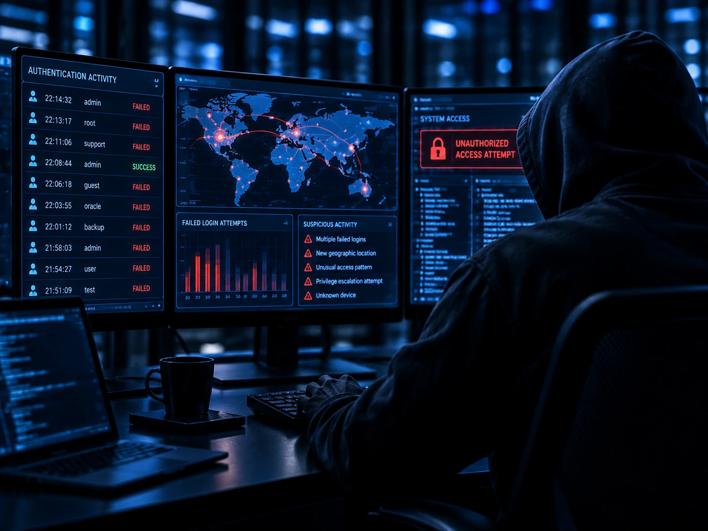 Unauthorised access warning across multiple monitoring screens