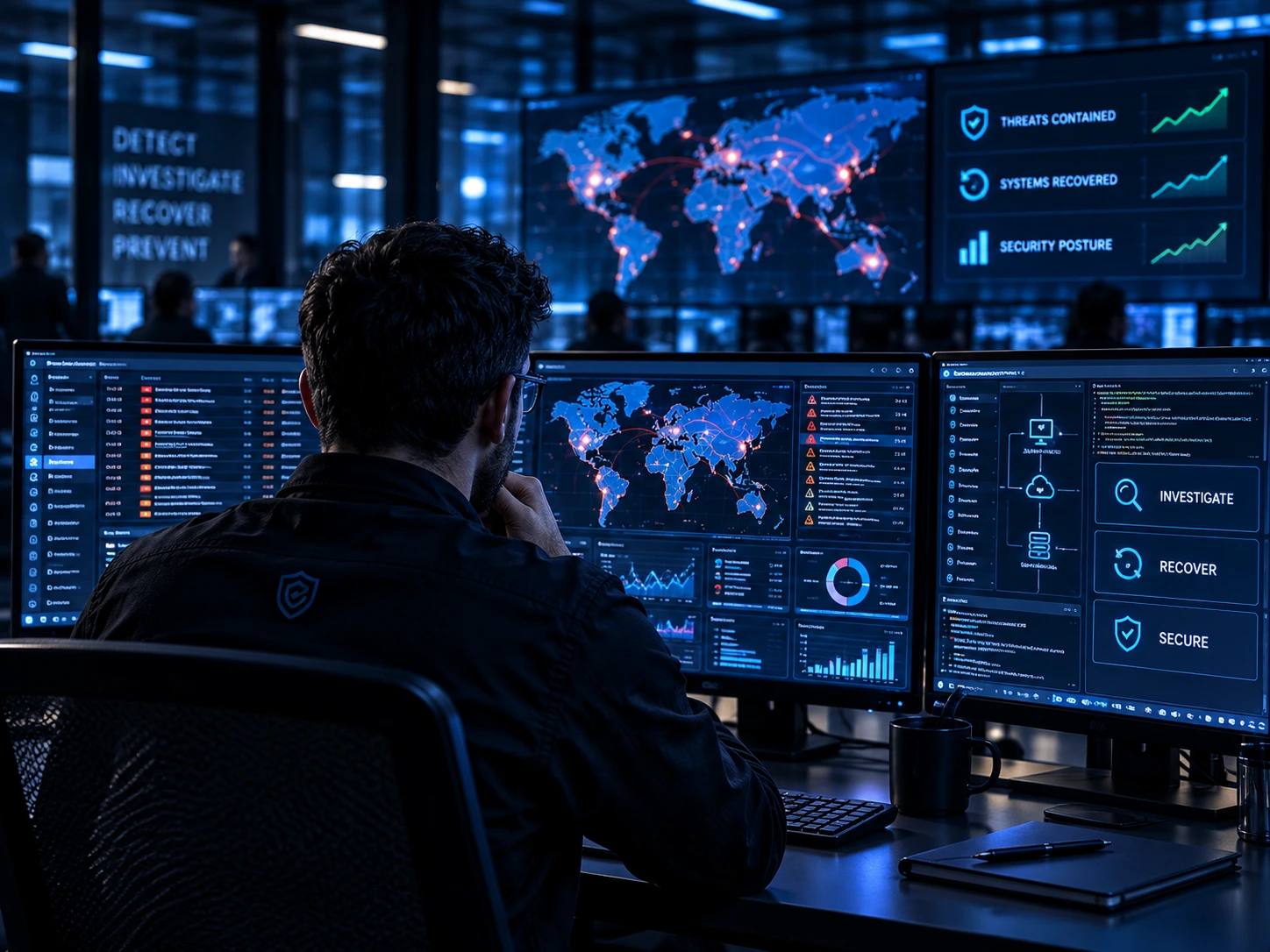 Cyber incident investigation analyst at a multi-screen operations centre