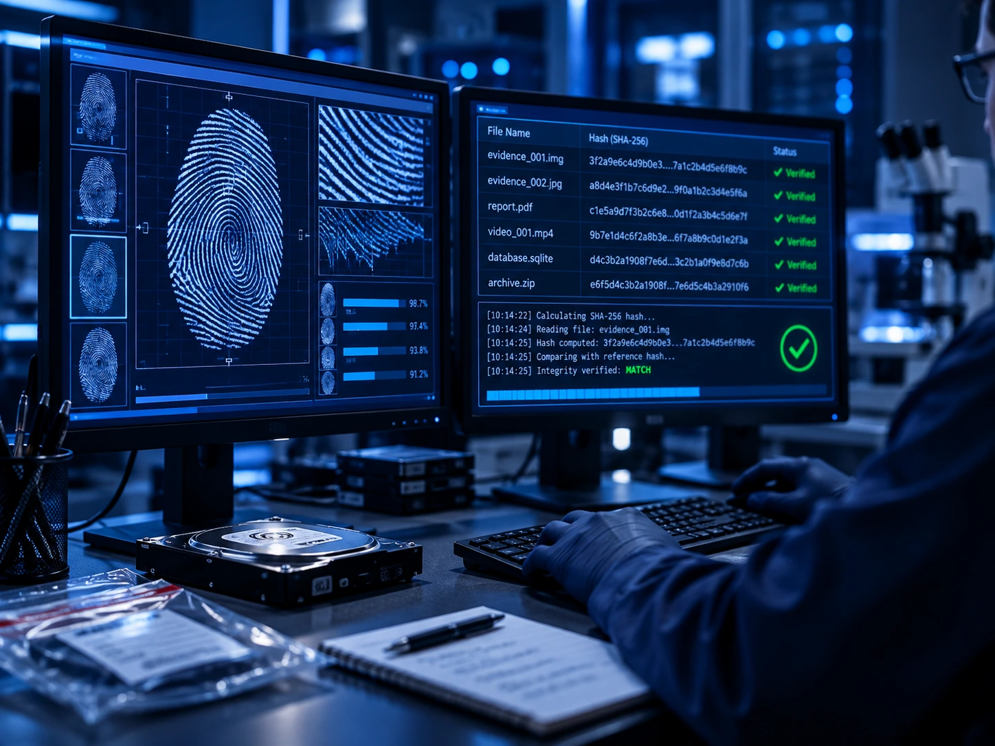 Digital forensic workstation showing verified evidence and hash checks