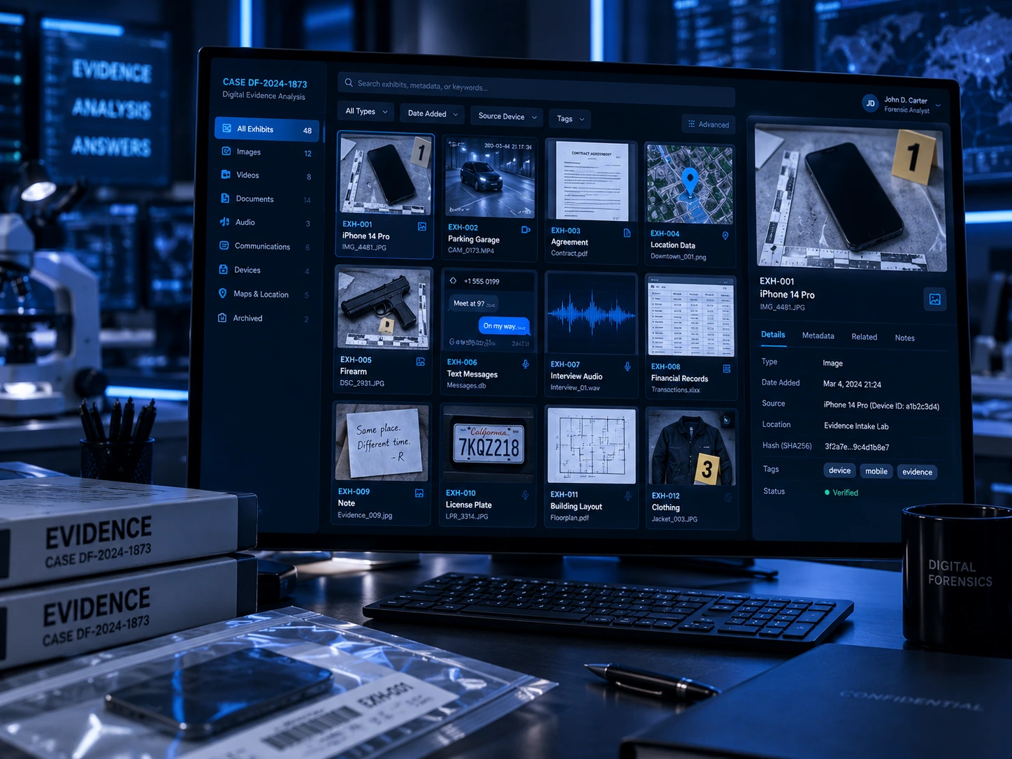 Digital evidence exhibit management screen