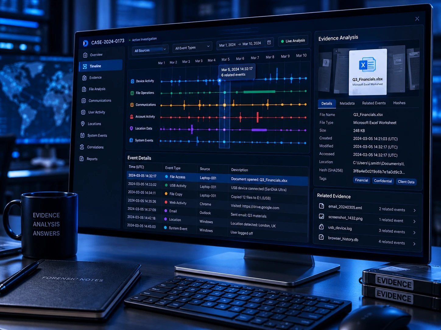 Forensic timeline and event analysis dashboard