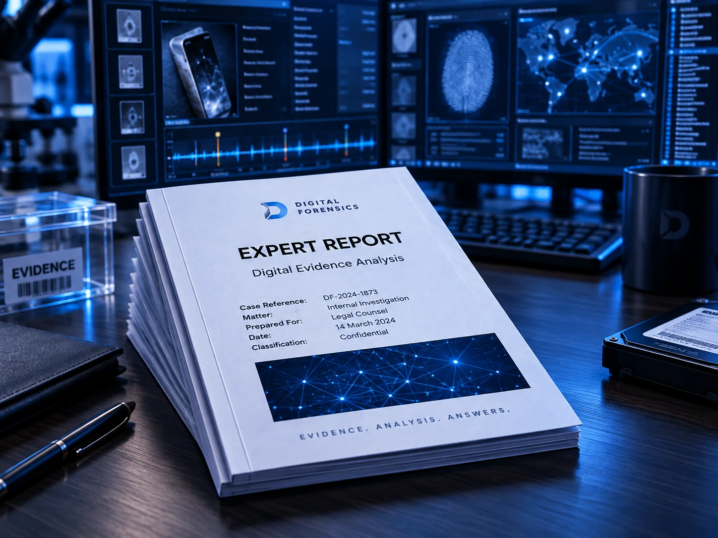 Digital forensics expert report with analysis systems