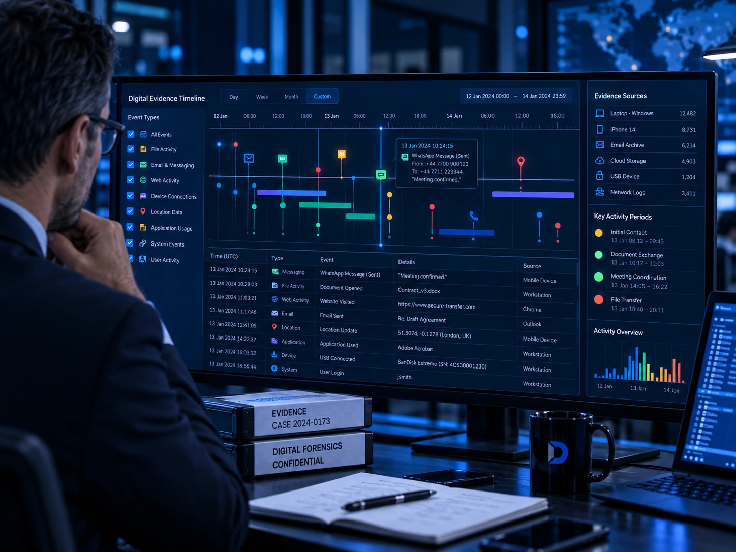Digital evidence chronology and timeline dashboard