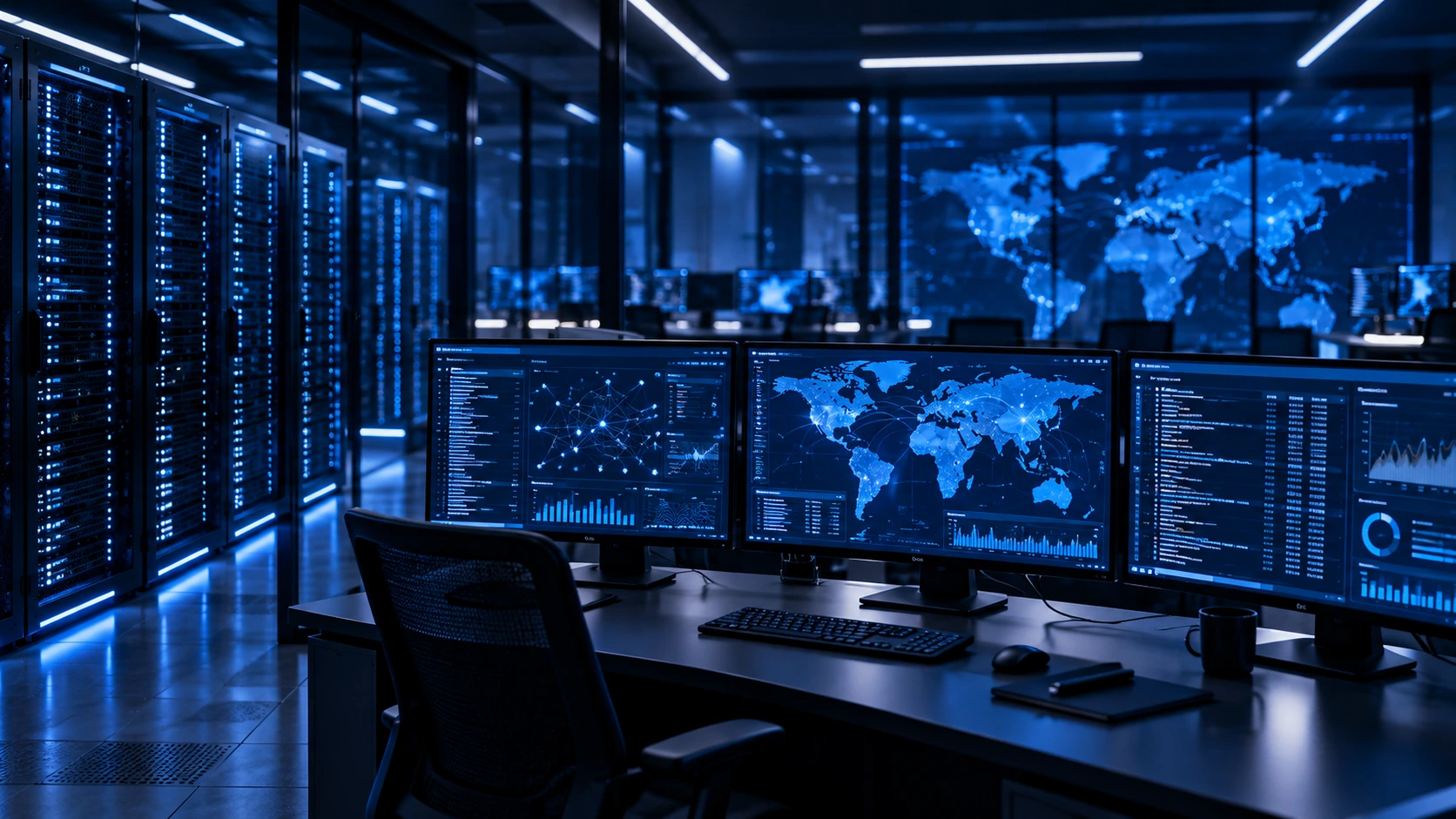 Blue cybersecurity operations centre with large monitoring screens