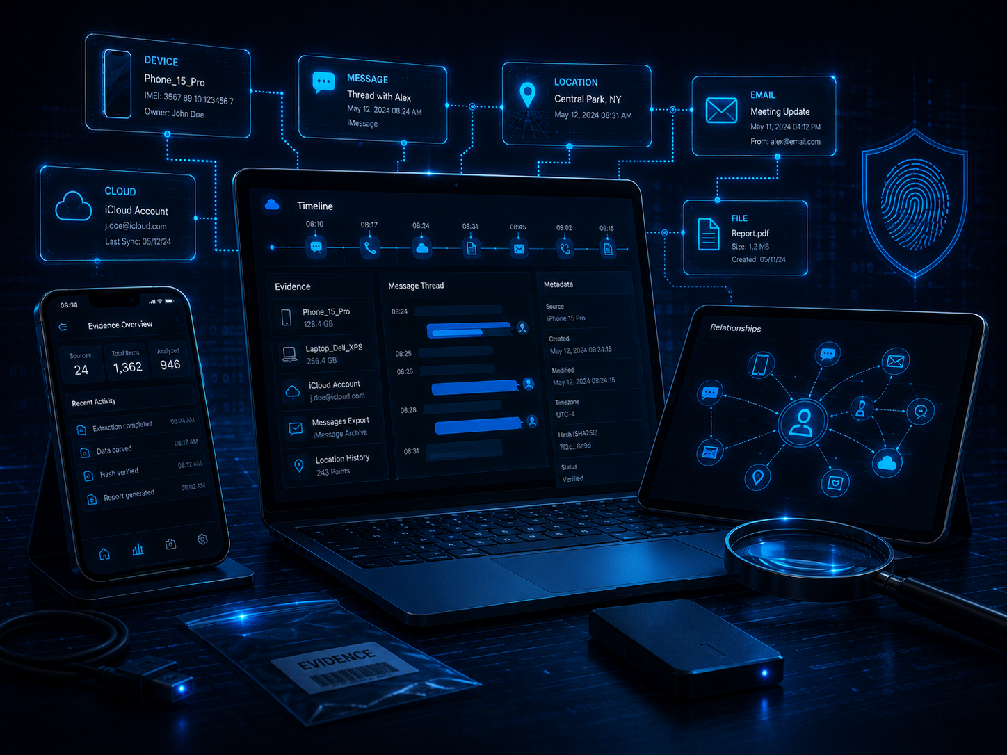 Digital forensic evidence timeline showing linked device records, messages, metadata and investigation context