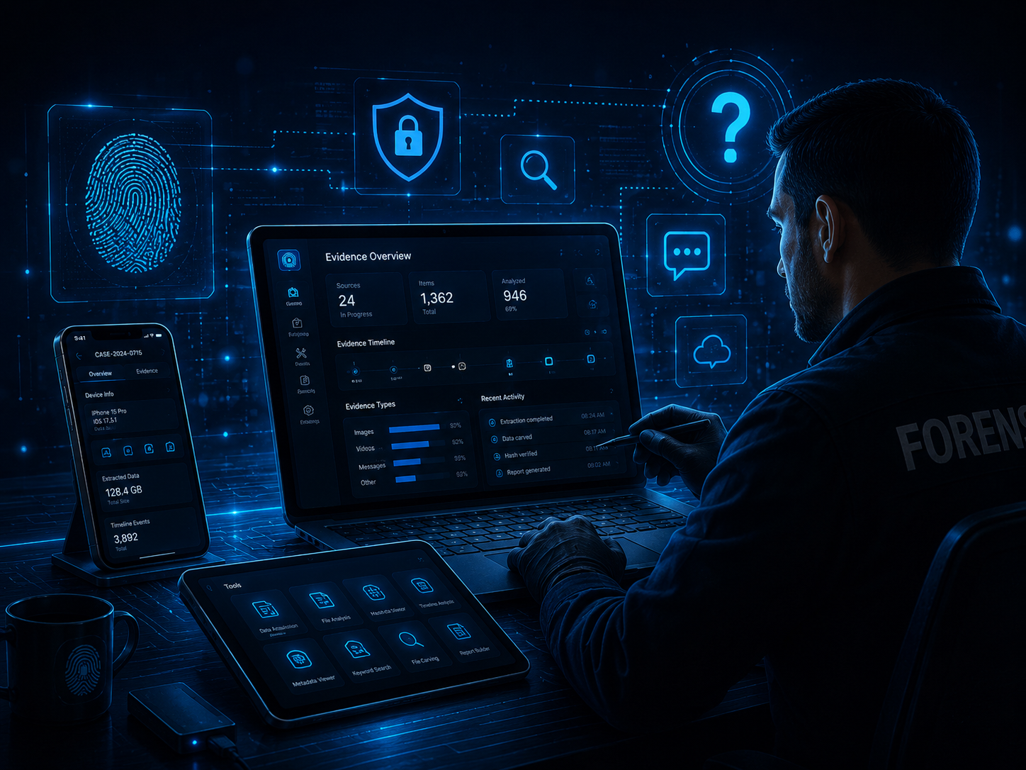 Digital forensics investigator reviewing evidence dashboards and forensic data